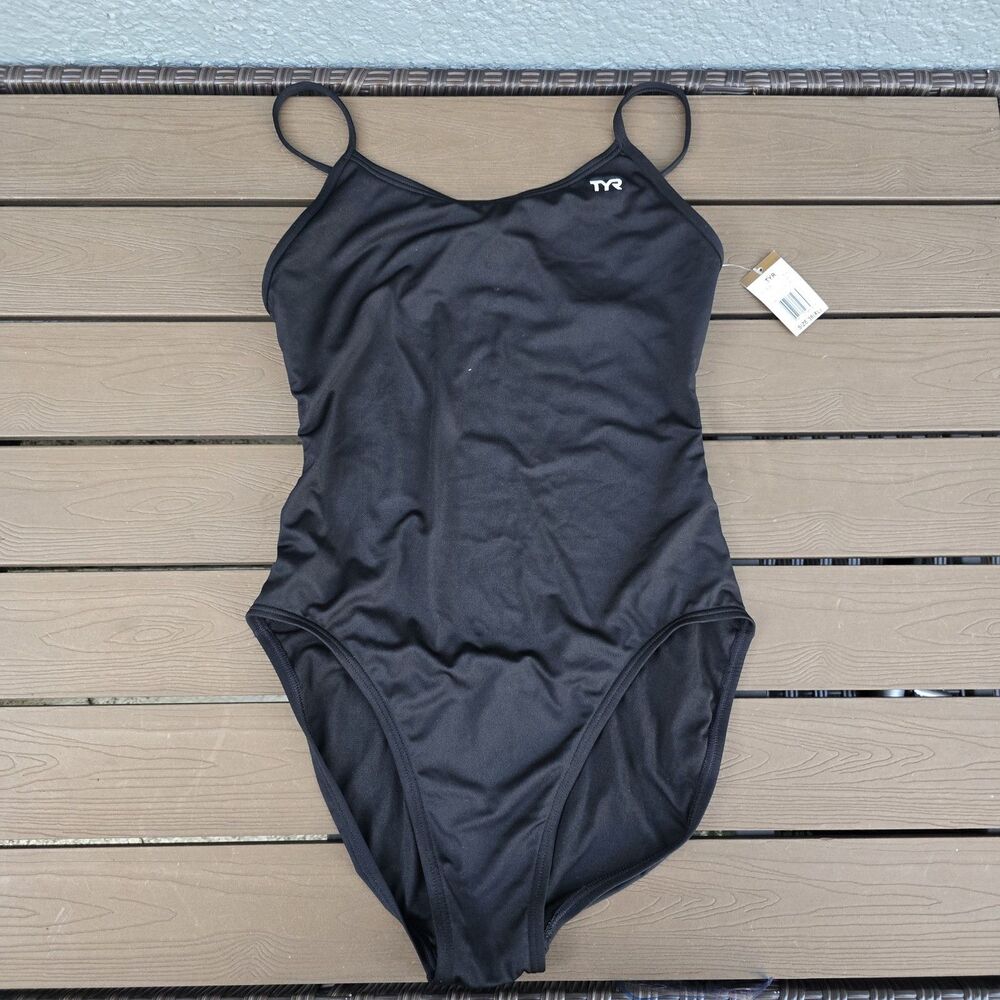 TYR Women Durafast Elite Solid Black Cutoutfit One Piece Swimsuit Sz 38 New